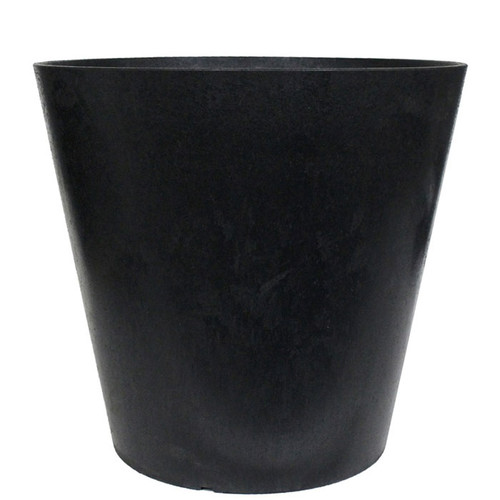 A plain, black, cylindrical planter with a slightly flared top. It has a smooth texture and is positioned against a white background.