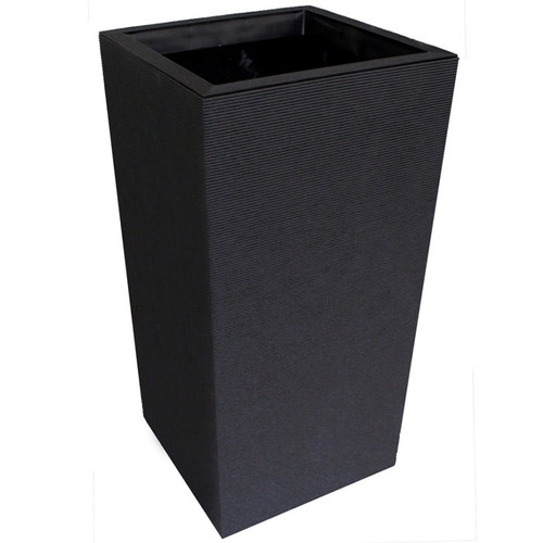 Tall, black, textured rectangular planter with a modern design. The planter has a wide top opening, tapering slightly towards the base, creating a sleek look.