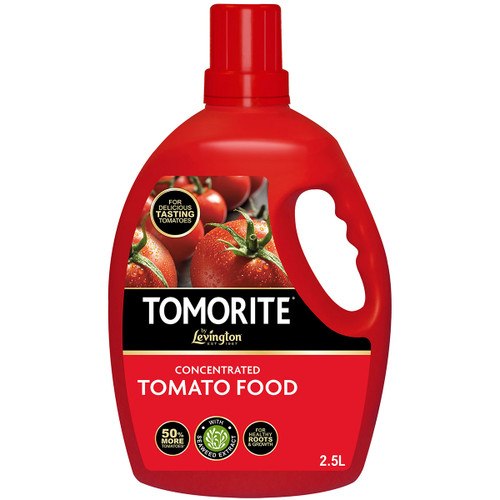 Red bottle of Tomorite Concentrated Tomato Food with a handle. Label shows ripe tomatoes and promises delicious taste, 50% more tomatoes, and healthy roots.
