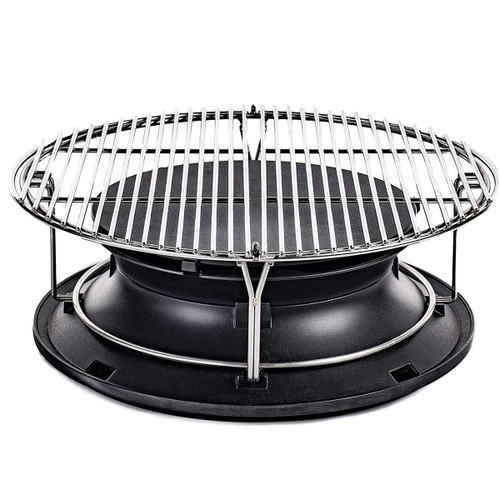 Portable charcoal grill with a metal cooking grate on a rounded black base, ideal for outdoor barbecues and cookouts.