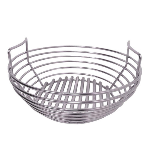 Stainless steel circular charcoal basket on a white background.