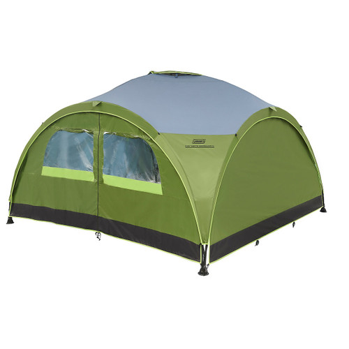 Green event shelter with large windows, designed for camping, featuring a spacious interior and sturdy structure.