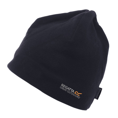 A black fleece beanie with a brand logo on the side reading "Regatta Great Outdoors" in white and orange. The hat appears warm and casual.