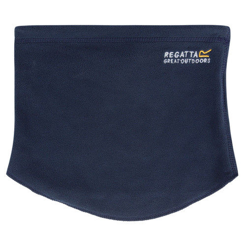 Navy blue fleece neck warmer with "Regatta Great Outdoors" logo at the top. Smooth texture and simple design convey warmth and comfort.