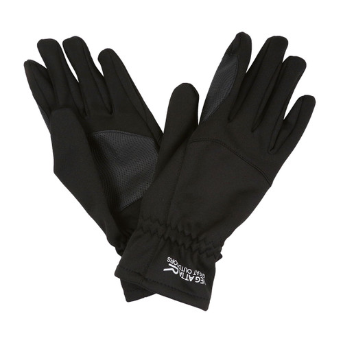 Black gloves, one laying over the other, with textured grip on the palms. Elastic cuffs display a small white logo. Sleek and functional design.