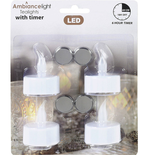Pack of 4 battery-operated LED tealight candles with built-in 6-hour timer function, providing a safe and realistic flickering candlelight effect for home décor and festive displays.