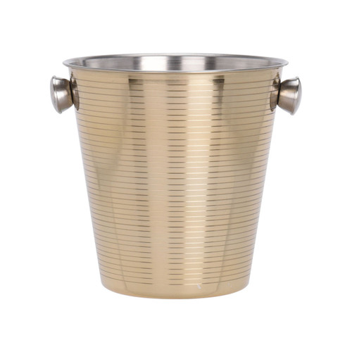 Gold metal ice bucket with side handles and a brushed striped finish, ideal for chilling wine, champagne, beer and bottled drinks at parties, celebrations and special occasions.
