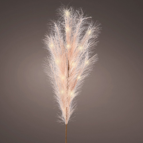 LED pampas grass stem with soft blush pink and cream feathery plumes, illuminated with warm white micro lights for elegant seasonal décor.