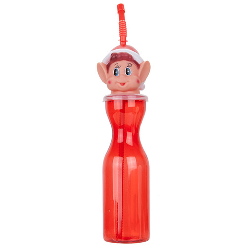 A red bottle with an elf head at the top and a red straw