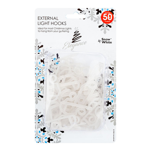 Pack of 50 white external light hooks for hanging Christmas lights, suitable for outdoor festive decorations, supplied in a clear retail package.