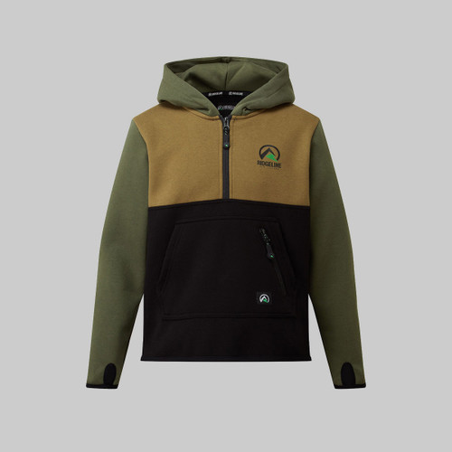 A three-tone hooded jacket with a logo, zip front, and side pocket.