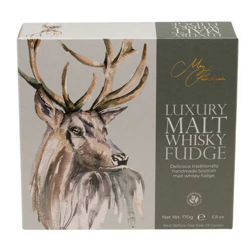 Meg Hawkins luxury malt whisky fudge box featuring stag artwork, traditional handmade Scottish fudge, 170g.