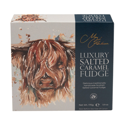Gardiners of Scotland Meg Hawkins Luxury Salted Caramel Fudge 170g gift box featuring Highland cow illustration on packaging. Gardiners of Scotland Meg Hawkins Luxury Salted Caramel Fudge 170g gift box featuring Highland cow illustration on packaging.