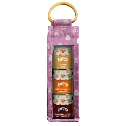 Mrs Bridges Breakfast Gift Set with Lemon Curd, Apricot & Peach Preserve and Strawberry Preserve with Champagne in 113g glass jars, presented in a reusable fabric gift bag with wooden handle, ideal for Christmas gifts, breakfast, afternoon tea and luxury food hampers.