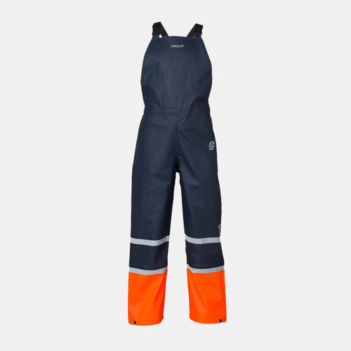 Navy blue waterproof overalls with black straps and bright orange lower legs, featuring reflective stripes, designed for outdoor work.