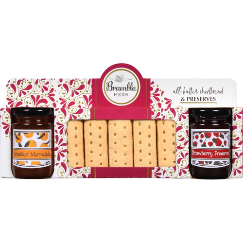 Bramble Foods all butter shortbread and preserves gift pack with strawberry preserve, breakfast marmalade and traditional buttery shortbread biscuits.