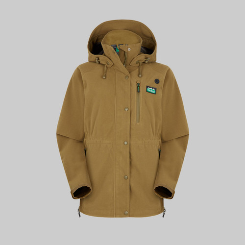 A brown parka jacket with a hood, zip, and brand logo on display against a white background.