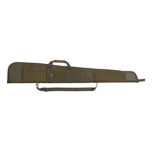 A long, olive-green gun case with a handle and adjustable shoulder strap. It features a side pocket and reinforced ends, conveying utility and protection. A long, olive-green gun case with a handle and adjustable shoulder strap. It features a side pocket and reinforced ends, conveying utility and protection.