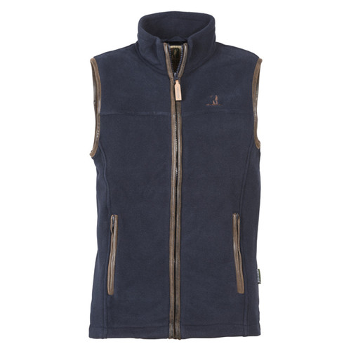 Dark blue fleece vest with brown trim and high collar, featuring a zipper closure and two side pockets. The vest has a casual, outdoor look.