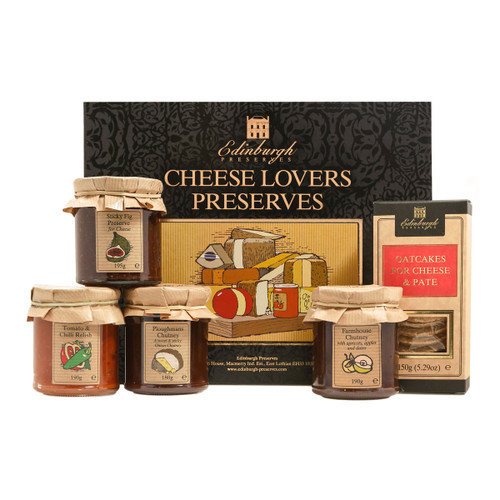 Edinburgh Preserves Cheese Lovers Preserves gift set including sticky fig preserve, tomato and chilli relish, farmhouse chutney, ploughman’s chutney, and oatcakes, displayed in a decorative gift box.
