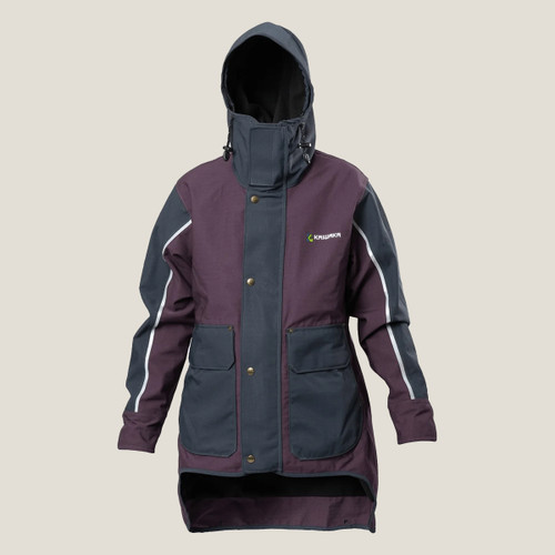 Dark two-toned jacket with a hood, featuring maroon and navy panels. It has reflective white piping, large pockets, and a logo on the chest.