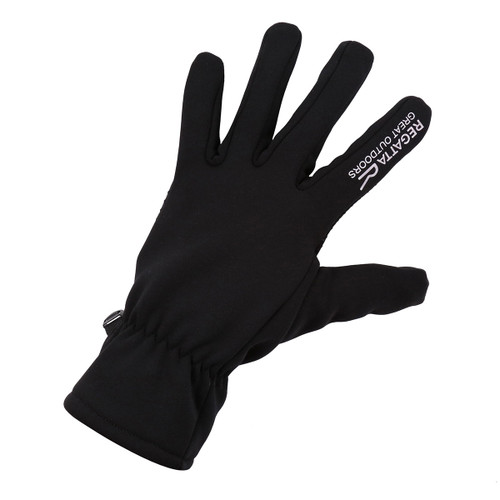 Black fleece glove with a cosy, soft texture, designed for warmth. Features "Regatta" branding on an extended index finger, suggesting outdoor use.