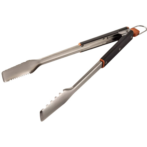 Stainless steel barbecue tongs with scalloped gripping edges, black ergonomic handles and orange accents, isolated on a light grey background.