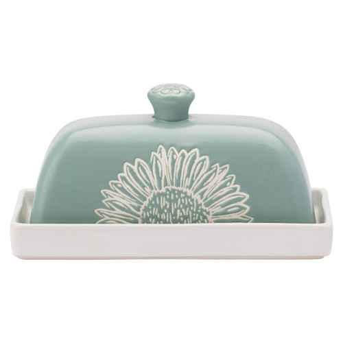 Pale green ceramic butter dish with white tray, floral design and matching knobbed lid.