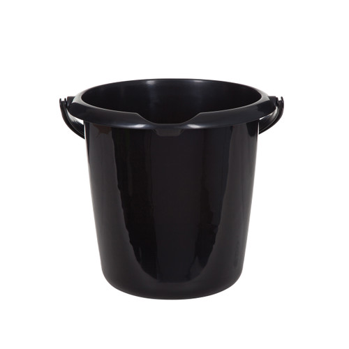 A 10 litre black plastic bucket on a white background