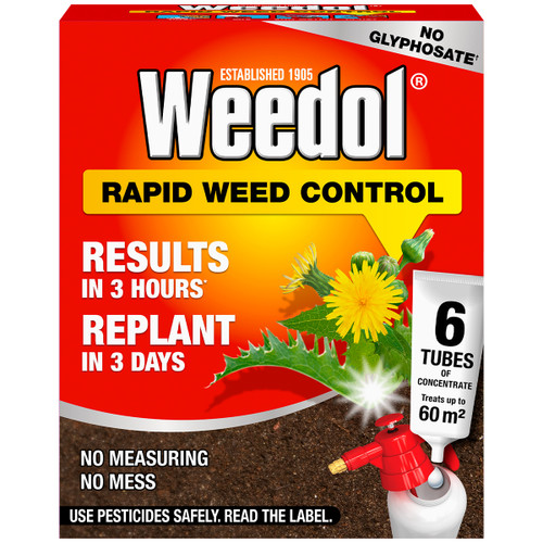Red and orange Weedol box labeled "Rapid Weed Control" with a dandelion image. Text highlights quick results and replanting. Includes 6 tubes for 60m².