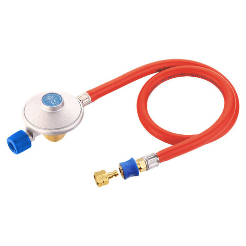 A silver gas regulator with blue knobs and a flexible red hose, designed for connecting gas tanks to cooking appliances.
