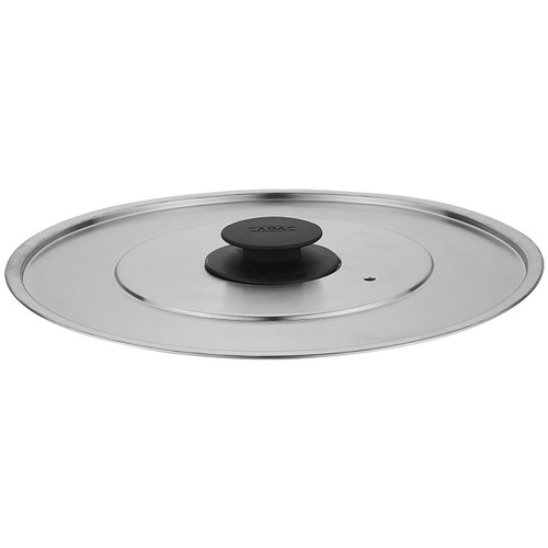 Stainless steel pot lid with a circular design, featuring a black knob and a steam vent. Ideal for sealing in heat while cooking.