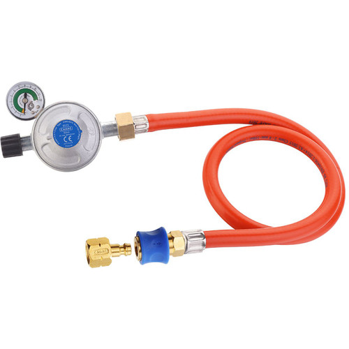 A gas regulator with a pressure gauge, connected to a flexible red hose and a blue fitting end, designed for controlling gas flow.