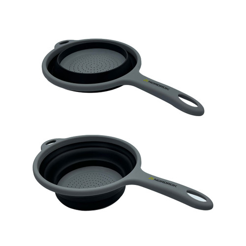 A grey and black collapsible colander, shown in both folded and unfolded states.