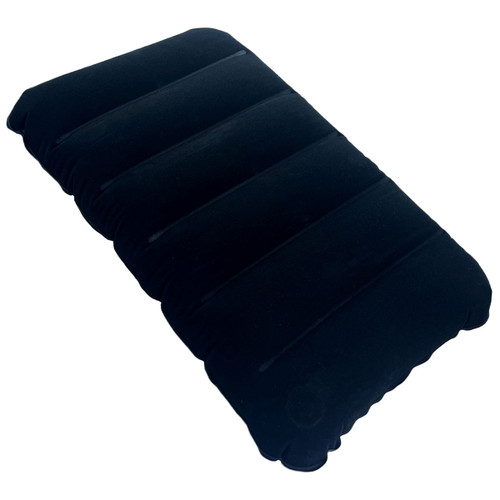 Black inflatable pillow with a flocked surface and five horizontal grooves for added comfort and support.