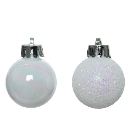 White Christmas baubles in glossy iridescent and glitter finishes, ideal for creating an elegant winter-themed Christmas tree display.