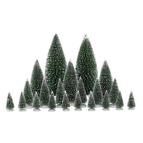 A collection of various-sized green Christmas trees with snowy accents, arranged in a visually appealing pattern.