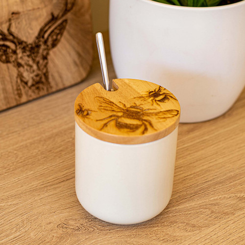 Selbrae House Bee Oak & Ceramic Jar & Spoon Set