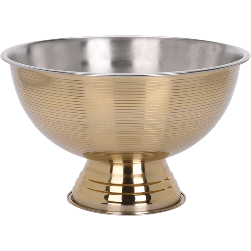 A shiny, metallic bowl featuring a smooth silver interior and a textured golden exterior, elevated on a round pedestal base.