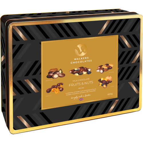 Walkers Deluxe Milk Chocolate Fruits & Nuts Tin with black geometric design, featuring assorted chocolate-covered fruits and nuts in a 600g gift tin.