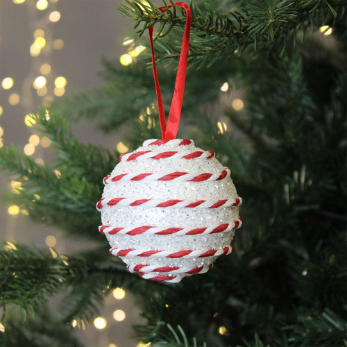 White Glitter Candy String Bauble on a Christmas tree