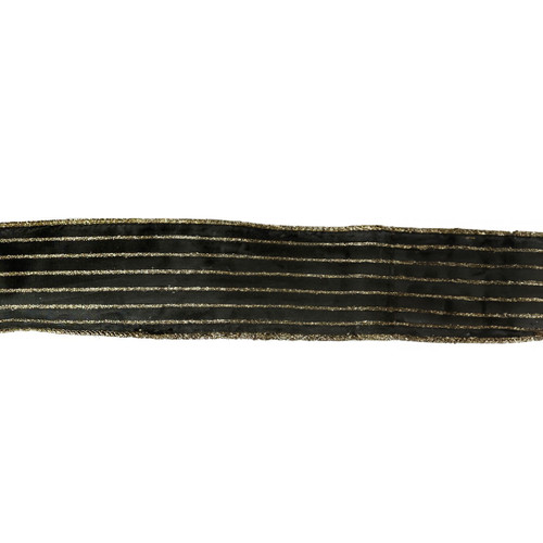 Black 'Linen' Wired Ribbon with Gold Glitter Stripes on a white background