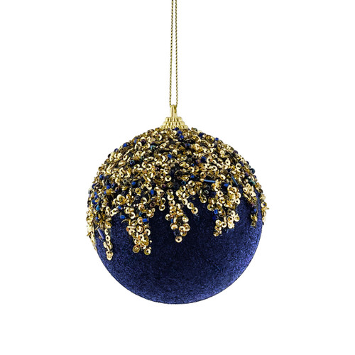 Navy Blue and Gold Sequin Bauble on a white background