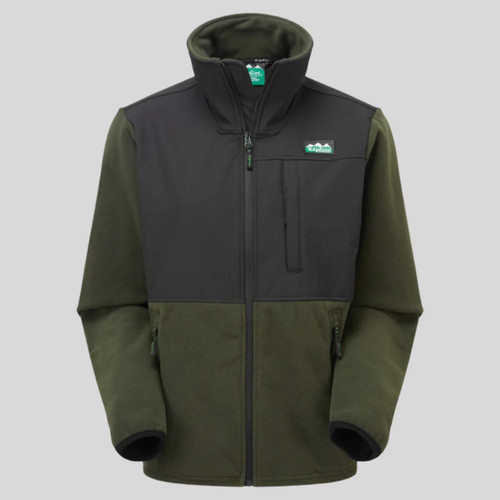 A black and green fleece jacket with a chest pocket and logo on the front.
