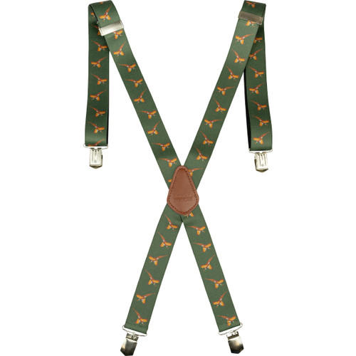 Jack Pyke green pheasant print braces with adjustable straps, brown leather centre patch and silver metal clips.