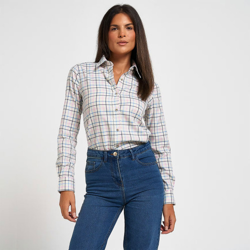 Women’s white checked long-sleeve shirt with blue and pink check pattern, button front and pointed collar, styled with blue jeans.