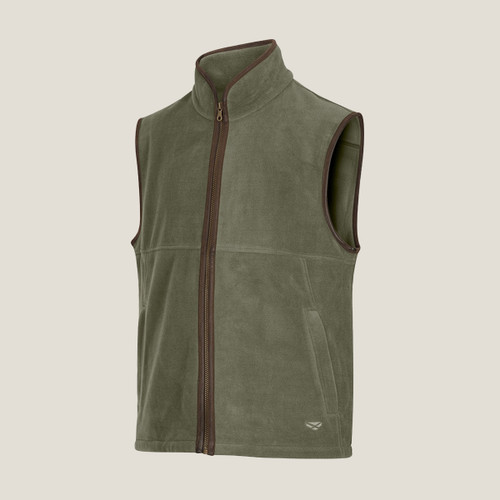 Olive green fleece gilet shown from the front, with a stand collar, full-length brown zip, brown edging around the armholes and two zipped side pockets.