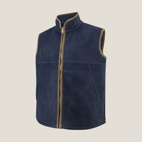 Navy fleece gilet shown from the front, with a stand collar, full-length tan zip, tan edging around the armholes and two zipped side pockets.