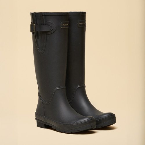 Pair of tall black Joules Wellington boots with side buckle detail and sturdy sole.