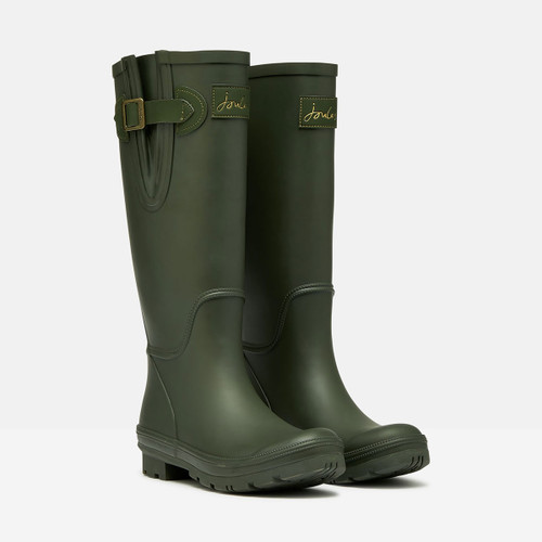 Pair of tall green Joules Wellington boots with adjustable side buckle and sturdy sole.